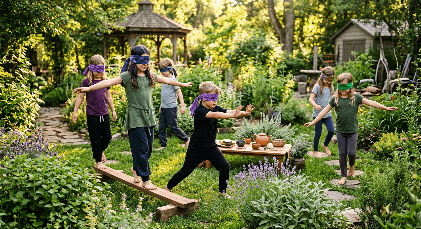 Blindfolded children doing ninja balance training in a garden